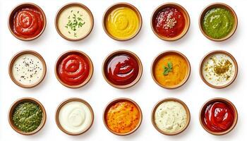 Different dip sauce spicy, soy sauce, and salty on white bowl photo