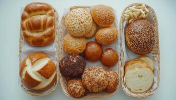 Bakery bagel, baguette, bun bread simple breakfast, flay lay on white table photo