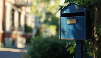 Mail box blue metal in front fence house container shipment paper or news photo