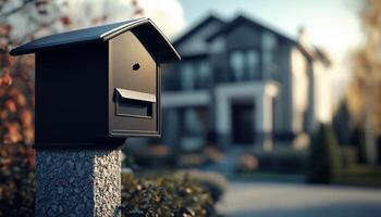 Mail box black metal in front fence house container shipment paper or news photo