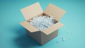 Cardboard box with shredded paper safety fragile product delivery shipment photo