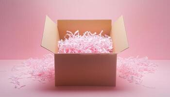 Cardboard box with shredded paper safety fragile product delivery shipment photo