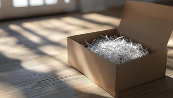 Cardboard brown box with shredded paper safety fragile product delivery shipment photo