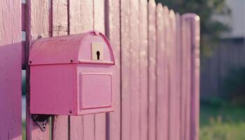 Mail box pink metal in front fence house container shipment paper or news photo