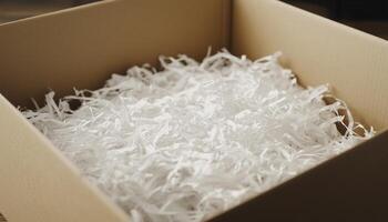 Cardboard brown box with shredded paper safety fragile product delivery shipment photo