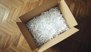 Cardboard brown box with shredded paper safety fragile product delivery shipment photo