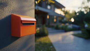 Mail box yellow metal in front fence house container shipment paper or news photo