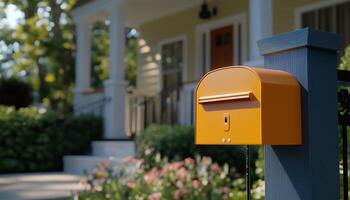 Mail box yellow metal in front fence house container shipment paper or news photo