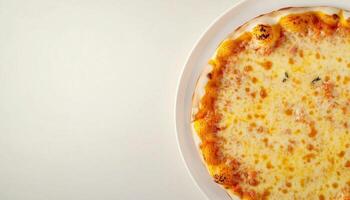 cheese pizza slice with topping on white plate and copy space background photo