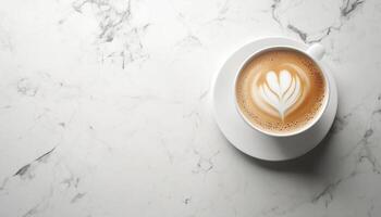 Coffee in white ceramic cup in white copy space table photo