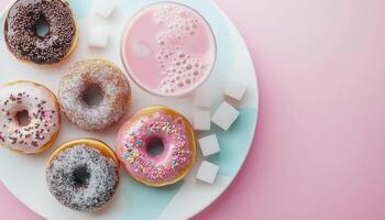 Donut and sugar cube sweet snack for party time on white plate flat lay background photo