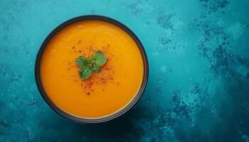 Carrot yellow soup cream on bowl copy space table background photo