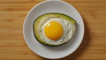 Pancake with egg fried no oil, avocado fruit slice on white plate in table flat lay photo