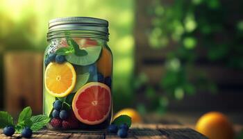 A glass jar filled with orange slices, grapefruit, blueberry and mint in wooden table photo