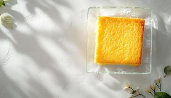 Corn bread flurry cake homemade on white table flat lay for tea time photo