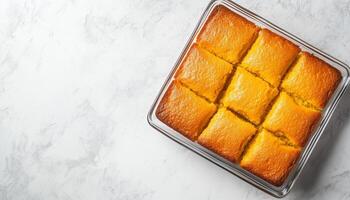 Corn bread flurry cake homemade on white table flat lay for tea time photo