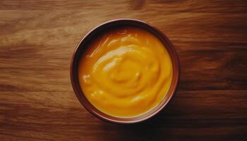Carrot yellow soup cream on bowl copy space table background photo