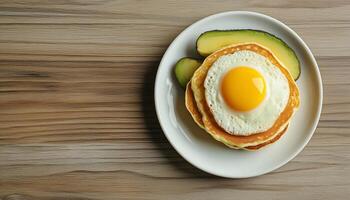 Pancake with egg fried no oil, avocado fruit slice on white plate in table flat lay photo