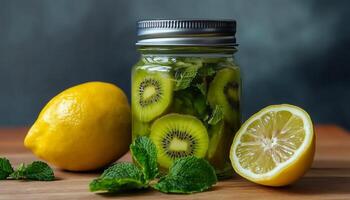 A glass jar filled with kiwi slices, lemon and mint in wooden table in wooden table photo
