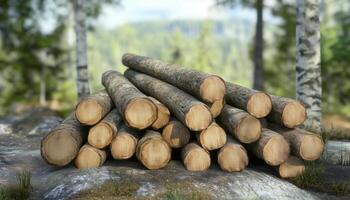 Pile cut log lumber sawn tree from replanted forests misty lust green muddy ground photo