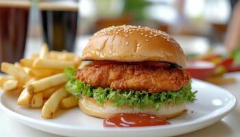 Fried chicken sandwich meal with bun bread and lettuce on white plate photo