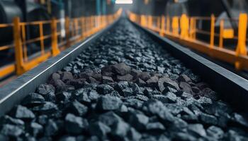 Coal rocks in conveyor bel moving transport ore material in mining industry photo