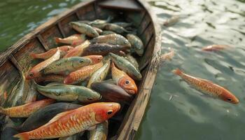 Fishing with net caught on wooden boat in river or lake photo