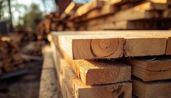 Pile pine cut log lumber sawmill tree from replanted forests for furniture or building photo