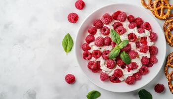 Raspberry pretzel salad sweet cream on white bowl copy space background photo