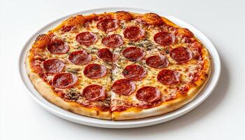 Pepperoni pizza with sausage slice, cheese and tomato, on white table photo