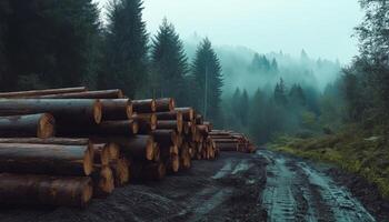 Stacked log chunks tree cutting by carpenter from forest plantations return photo