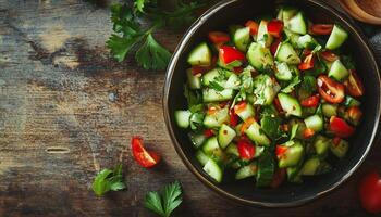Cucumber slice salad green healthy food on bowl and wooden table copy space background photo