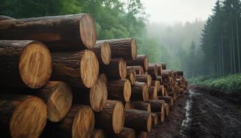 Stacked log chunks tree cutting by carpenter from forest plantations return photo