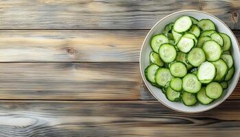 Cucumber slice salad green healthy food on bowl and wooden table copy space background photo
