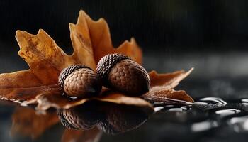 Closeup acorn nut and autumn leaves reflection dark blurred background photo