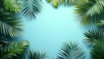 Circular arrangement palm leaves copy space isolated soft blue background photo