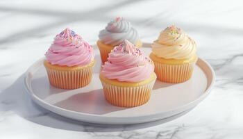 Cupcake sweet snack cake on paper cup in white plate for party time photo