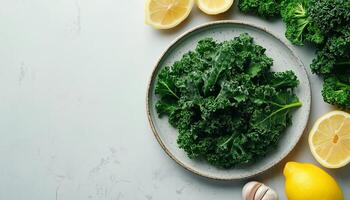 Vegetable kale, broccoli and lemon simple real food homemade copy space background photo