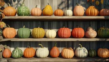 Various pumpkins variety arranged on wooden rack in market or farmer photo