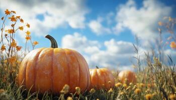Pumpkin field and blue sky, in grass and soil with blue sky photo