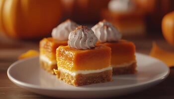 Pumpkin cheese bar slice with vanilla sweet cream topping layered white cream photo