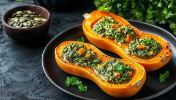 Spicy butternut squash and pumpkin healthy real food with garnish dark plate photo