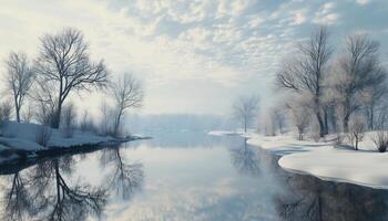 Winter landscape bright sky with river and trees covered by snow photo