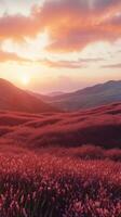 Red grass on hill and sunset sky view with clouds nature environment photo