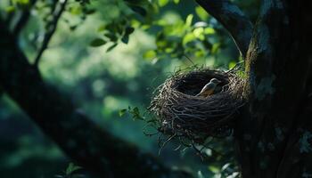 twig animal nest in tree new born house habitat with deep forest blurred background photo