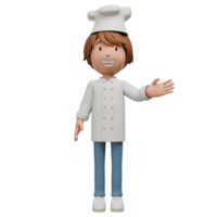 A 3D cartoon chef character smiling and waving in a friendly greeting. He is dressed in a white chef's uniform and hat, showcasing a welcoming gesture. png