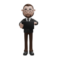 a professional character holding and interacting with a tablet, symbolizing digital technology, business operations, or modern communication in a professional setting. png