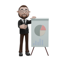 The image shows a professional character standing next to a chart or presentation board, explaining data or statistics, symbolizing analysis, strategy, and business presentations. png