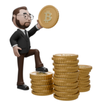 un profesional personaje en pie en un apilar de monedas y participación un grande bitcoin, simbolizando criptomoneda, financiero éxito, inversión, y poder. png