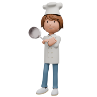 A confident 3D chef character standing with arms folded, holding a ladle in one hand. The chef is smiling and wearing a white uniform and chef hat, expressing leadership in the kitchen. png